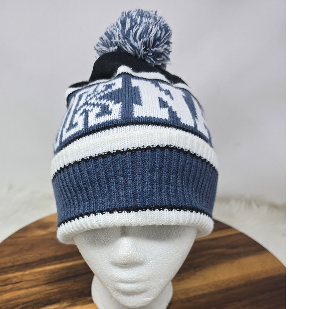 Victoria Secret Pink Blue White Pom Pom Winter Warm Beanie OSFM